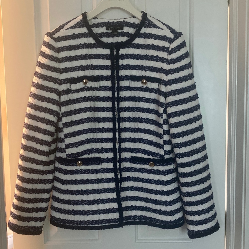 Ann Taylor Navy and White Striped Bouclé Jacket